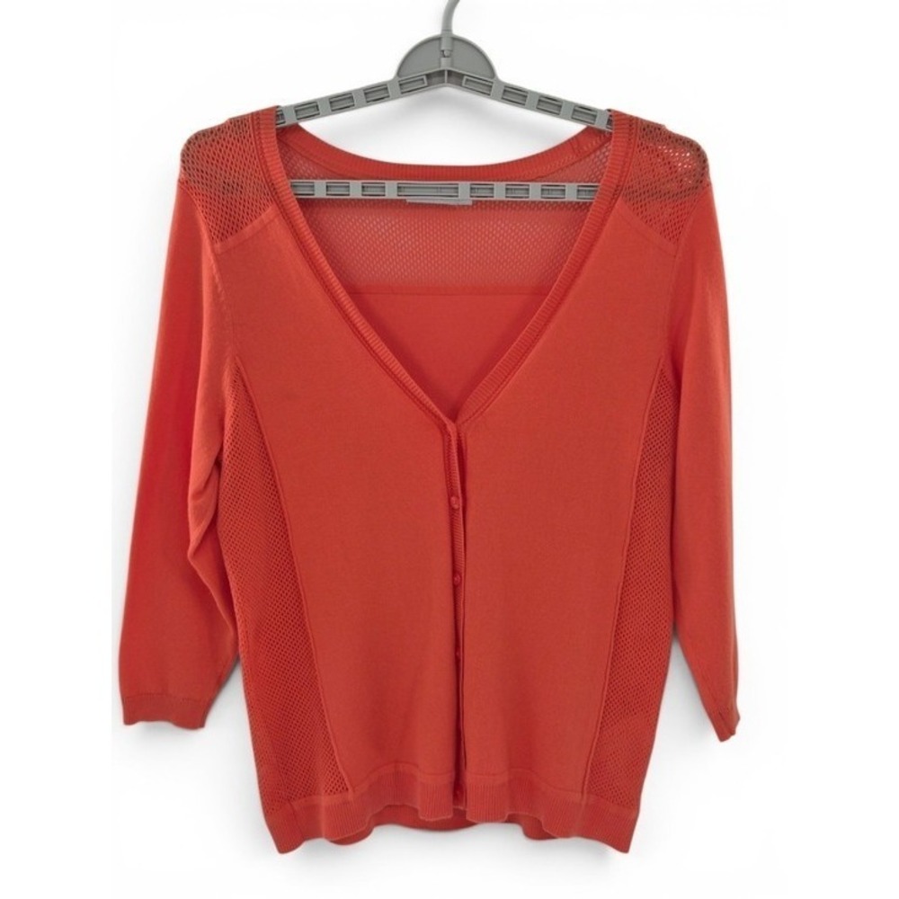 Reitmans Cardigan Sweater L Coral Orange Mesh Knit 3/4 Sleeve V Neck Lightweight